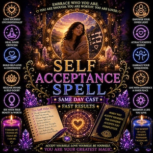 May include: A digital graphic titled Self Acceptance Spell featuring a central figure, glowing purple crystals, and two candles. Text includes Embrace who you are, You are enough, You are worthy, You are loved, and a list of benefits like Accept yourself fully.