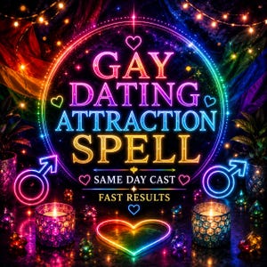 Op de afbeelding: Een neon-stijl afbeelding met de tekst GAY DATING ATTRACTION SPELL, SAME DAY CAST en FAST RESULTS. Het ontwerp bevat twee mannelijke geslachtssymbolen, meerdere hartvormen en een regenboogkleurige cirkelvormige rand met brandende kaarsen.