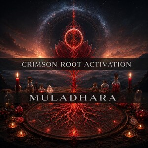 May include: A circular altar featuring a glowing red root system and a central sphere, surrounded by small glass bottles, red candles, and crystals. The text CRIMSON ROOT ACTIVATION and MULADHARA is centered over the dark, cosmic landscape.