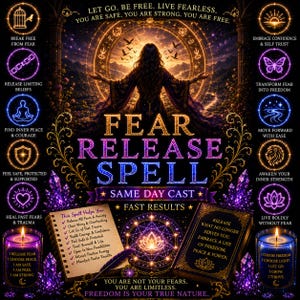 Może przedstawiać: Cyfrowa grafika zatytułowana FEAR RELEASE SPELL przedstawiająca postać z rozpostartymi ramionami, otoczoną złotym filigranem, fioletowymi kryształami i dwiema zapalonymi świecami. Tekst zawiera afirmacje oraz listę korzyści na notatniku.