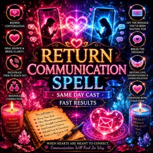 May include: A digital graphic titled Return Communication Spell Same Day Cast Fast Results featuring two silhouettes on smartphones, glowing hearts, and text listing benefits like Reopen Conversation and Heal Silence & Bring Clarity, with two candles.