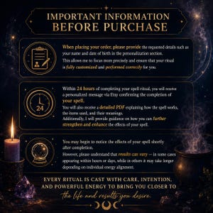 May include: A dark informational graphic with gold text titled IMPORTANT INFORMATION BEFORE PURCHASE. It includes three sections with icons of a clipboard, a clock, and a crystal ball, detailing order requirements, delivery timelines, and ritual results.