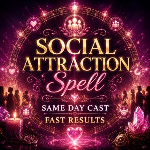 May include: A digital graphic featuring the text SOCIAL ATTRACTION Spell, SAME DAY CAST, and FAST RESULTS. The design includes a glowing pink and purple circular frame with heart, people, and magnet icons, a lit candle, and crystals.