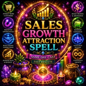 Pode incluir: Um gráfico digital com o texto SALES GROWTH ATTRACTION SPELL, SAME DAY CAST e FAST RESULTS. O design inclui um círculo central brilhante, moedas de ouro, dois vasos ornamentados, velas, cristais e gráficos de barras coloridos.