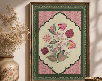 Mughal Floral Art Print, Indian Palace Botanical Design, Vintage Fresco Wall Art