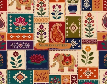 Colourful Indian Boho Patchwork Seamless Pattern, folk art Textile Print, Vintage Mughal Fabric Elephant Lotus Paisley Floral Digital Paper
