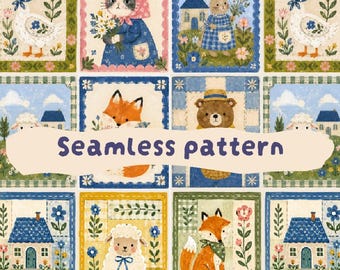 Farm Animal Patchwork Seamless Pattern | Cottage core countryside Digital Paper | sheep , fox , teddy , kitten , cat , duck pattern