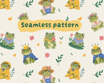 Cute  Frog Seamless Pattern, whimsical frog Hand-Illustrated Digital Paper (digital Download)