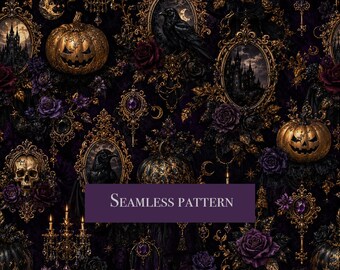 Luxury gothic Halloween Seamless Pattern | Vintage baroque Halloween Digital Paper  Black Gold Seamless Pattern | Victorian coquette Pumpkin