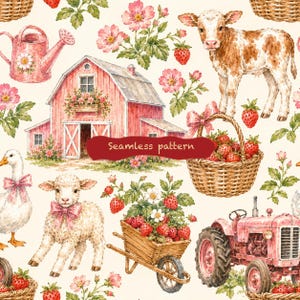 May include: A seamless pattern featuring watercolor illustrations of a red barn, a brown and white calf, a white duck with a pink bow, a lamb with a pink bow, a pink tractor, a pink watering can, and baskets and wheelbarrows filled with strawberries.