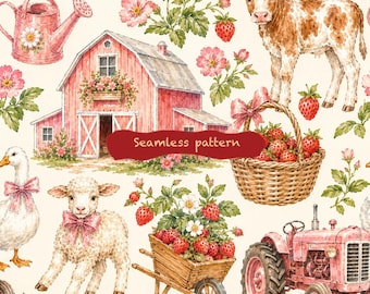 Watercolor Pink Farm Seamless Background, Cottagecore Cows Pattern, Seamless Chicken Pattern, Repeat, Wallpaper, Scrapbook, Journal, Digital