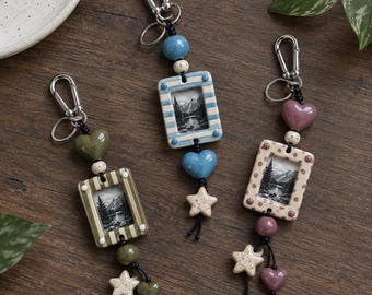 Handmade Ceramic Keychain charm , Personalised Picture Keychain, earthy ton e color Bag Charm, Mini Photo Frame Gift, Custom Keepsake
