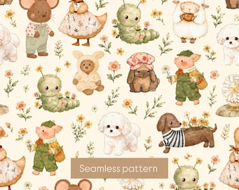 Woodland Animals Watercolor Seamless Pattern | Whimsical Floral Nursery Digital Paper (PNG)