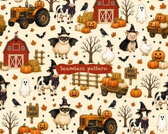 Halloween Farm Seamless Pattern, Vintage Tractor Pumpkins (Digital Download)  cow pumpkin spooky seamless pattern digital paper