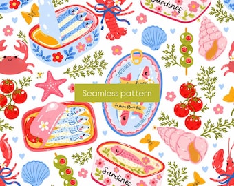 Mediterranean Sardine Seamless Pattern | Coastal Seafood Digital Paper | Mediterranean Summer Print | Cute Food Pattern | Nautical Wallpaper