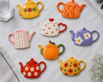 Ceramic Coaster Teapot Shaped, Glossy Tea Kettle Coaster, Cute Kitchen Decor, Floral Ceramic Drink Coaster, Tea Lover Gift, Handmade Coaster