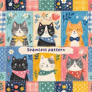 May include: A seamless pattern featuring six illustrated cats in individual rectangular frames. Each cat wears a different coloured bandana or bow tie, surrounded by floral motifs on backgrounds of blue, yellow, and pink. The text Seamless pattern is centred.