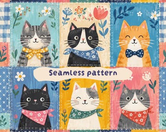 Whimsical Cats Patchwork Seamless Pattern | Gouache Folk Art Digital Paper (Digital Download)