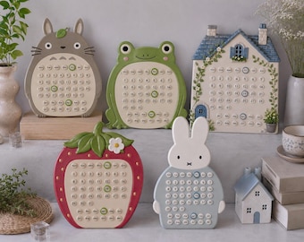 Handmade Ceramic Perpetual Calendar, Reusable Desk Calendar, Wall Hanging Calendar, Cute Home Decor, Frog Totoro Bunny House Strawberry