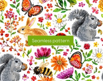 Watercolor Woodland Animals Seamless Pattern | Bunny Butterfly Floral Print | Spring Meadow Surface Pattern | Nursery Fabric Design