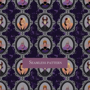 Può includere: Un motivo continuo con cornici ovali ripetute contenenti illustrazioni di vari cattivi animati. Lo sfondo è una superficie testurizzata viola scuro. Un rettangolo viola al centro mostra il testo SEAMLESS PATTERN.
