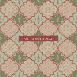 May include: A seamless pattern featuring a repeating quatrefoil design in muted beige and olive green. The beige sections contain a delicate grid with small floral motifs, while the olive green areas feature stylized tree illustrations. Text reads Indian seamless pattern.