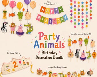 Party Animals Birthday paper garland kit, Animal Birthday Banner, paper garland kit, handmade Birthday Crown Kids Birthday Party paper decor