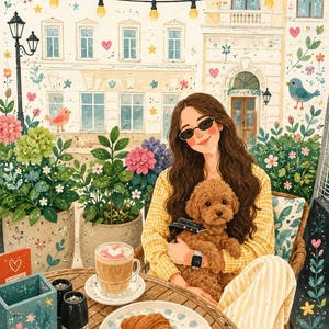 May include: An illustration of a person with long brown hair wearing sunglasses and a yellow plaid shirt, holding a brown poodle. On a round wooden table sits a croissant on a patterned plate, a latte with heart foam, and two salt and pepper shakers.