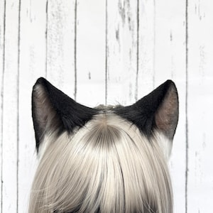 Puede incluir: Un par de orejas puntiagudas de estilo animal en color negro, sujetas a una cabeza con cabello liso rubio platino. Las orejas están cubiertas de pelo corto y oscuro, colocadas simétricamente sobre la cabeza, contrastando con el tono claro.