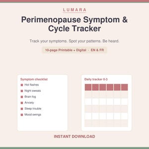 May include: A Lumara Perimenopause Symptom & Cycle Tracker digital document featuring a symptom checklist with hot flashes, night sweats, brain fog, anxiety, sleep trouble, and mood swings, alongside a daily tracker grid and instant download text.