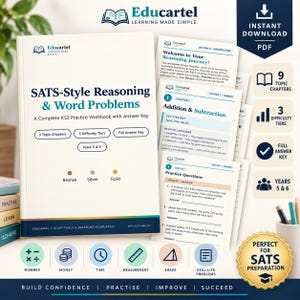 Op de afbeelding: Een SATS-Style Reasoning & Word Problems werkboek voor jaar 5 en 6, met 9 hoofdstukken, 3 moeilijkheidsgraden en een volledig antwoordenboek. De witte kaft bevat blauwe tekst en iconen voor getallen, geld, tijd, metingen en geometrische vormen.