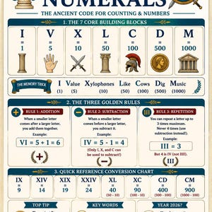 Könnte beinhalten: Ein Lehrplakat mit dem Titel Roman Numerals: The Ancient Code for Counting & Numbers. Es zeigt die sieben Grundbausteine, drei goldene Regeln, eine Umrechnungstabelle und Beispiele, einschließlich des Jahres 2026 als MMXXVI.