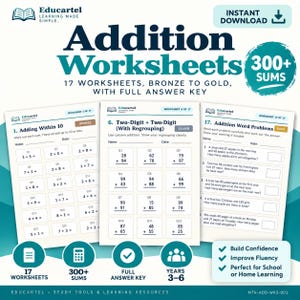 Op de afbeelding: Een set van 17 optelwerkbladen van Educartel met meer dan 300 sommen, variërend van brons tot goud. De pagina's bevatten optellen tot 10, tweecijferige optellingen met overschrijding en verhaalsommen, compleet met een volledig antwoordenblad.