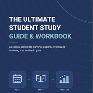 Pode incluir: Um guia de estudo e caderno de exercícios azul-escuro intitulado THE ULTIMATE STUDENT STUDY GUIDE & WORKBOOK. A capa apresenta o texto A practical system for planning, studying, revising and achieving your academic goals, com ícones para Plan, Study e Progress.