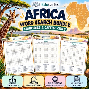 Könnte beinhalten: Ein Afrika-Suchrätsel-Paket mit drei druckbaren Arbeitsblättern zu Ländern und Hauptstädten. Das Lernset enthält Suchgitter mit Wortlisten, die vor einem Hintergrund mit einer Savannenlandschaft und einer Giraffe dargestellt sind.