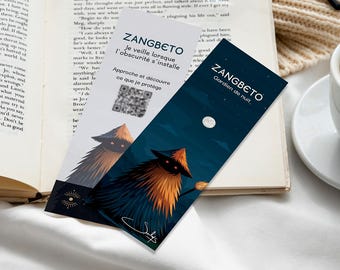 May include: Two rectangular bookmarks featuring the Zangbeto figure. One is white with black text, a QR code, and a straw-like creature. The other is dark blue with a moon, the text ZANGBETO Gardien de nuit, and a straw-like creature with glowing eyes.