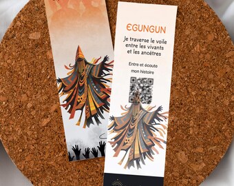 May include: Two rectangular paper bookmarks featuring illustrations of a figure in a colorful, layered costume. The left bookmark displays the text EGUNGUN Esprit des ancêtres. The right bookmark includes the text EGUNGUN, Je traverse le voile entre les vivants et les ancêtres, Entre et écoute mon histoire, a QR code, and the word THESIS.