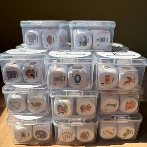 May include: A stack of clear plastic storage containers, each holding two white dice with colorful illustrations and text labels. The labels include words like elephant, spaghetti, fishing, lotion, freezer, zero, ticket, chicken, pillow, salad, and spider.