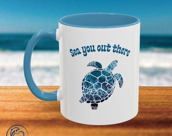 Sea Turtle Accent Mug | Ocean Inspired Two-Tone Ceramic Accent Mug | Beach Lover Gift | Coastal Vibe | Marine Life Cup
