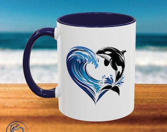 Ocean Heart Coffee Mug | Orca & Wave Two-Tone Ceramic Accent Mug | Beach Lover Gift | Coastal Aesthetic Drinkware