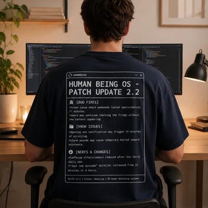 May include: A dark navy blue t-shirt featuring a white graphic on the back that mimics a software changelog window. The text reads: HUMAN BEING OS - PATCH UPDATE 2.2, [BUG FIXES], [KNOW ISSUES], and [NERFS & CHANGES] with various humorous notes.