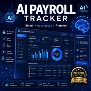 May include: A digital dashboard titled AI PAYROLL TRACKER featuring data visualizations, bar charts, and a pie chart displaying payroll metrics. The interface includes sections for employee payroll, AI insights, and a premium quality gold seal.