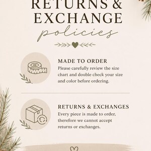 Pu&ograve; includere: Un documento di policy intitolato SOUTH PINE CREATIVE CO. RETURNS & EXCHANGE policies. Include sezioni per MADE TO ORDER con un'icona di metro a nastro e RETURNS & EXCHANGES con un'icona di scatola, oltre a una nota di ringraziamento.
