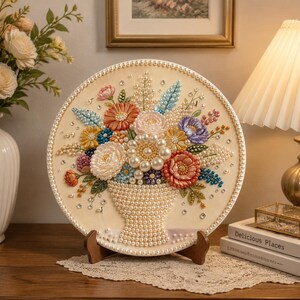 May include: A circular decorative plaque featuring a floral arrangement crafted from faux pearls, beads, and rhinestones. The design depicts a bouquet in a vase, all rendered in a palette of cream, pink, orange, blue, and purple on a cream background.