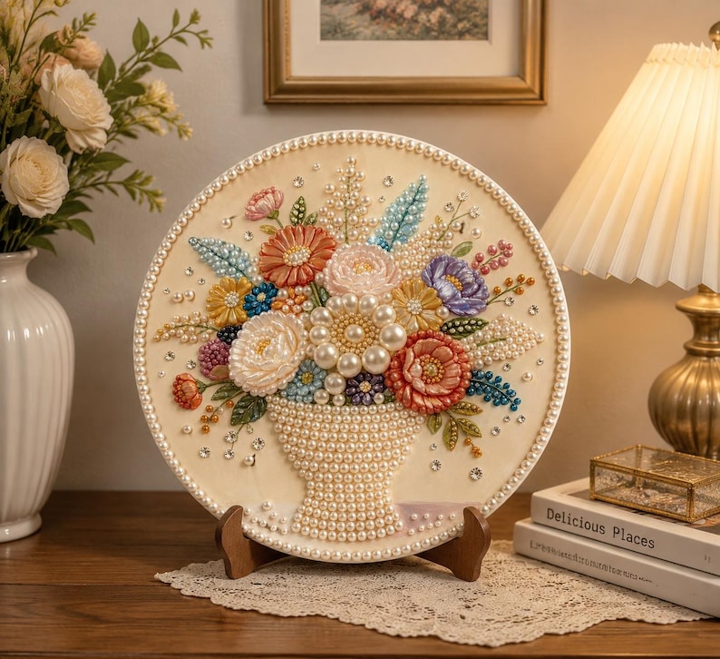May include: A circular decorative plaque featuring a floral arrangement crafted from faux pearls, beads, and rhinestones. The design depicts a bouquet in a vase, all rendered in a palette of cream, pink, orange, blue, and purple on a cream background.