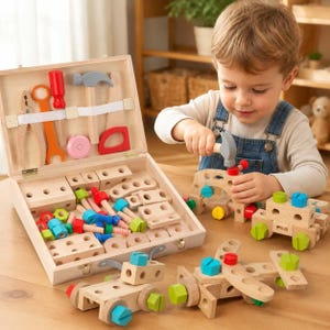 May include: A wooden toy tool set in a light-colored wooden carrying case, featuring various wooden construction pieces, colorful bolts, nuts, and tools including a hammer, wrench, and pliers, with assembled toy vehicles on the surface.