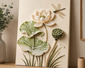 May include: A wall art piece featuring a three-dimensional lotus flower and leaves crafted from white pearls and green mosaic tiles. A dragonfly with translucent wings is positioned above the flower, and a green lotus seed pod is included.