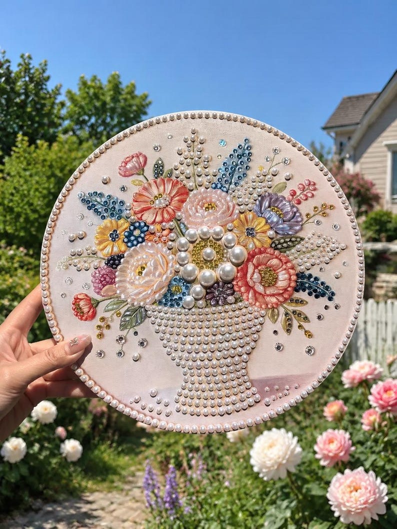 May include: A circular embroidery hoop art piece featuring a bouquet of flowers in a vase. The design is embellished with white pearls, colorful beads, and sequins in shades of pink, yellow, blue, and purple on a light fabric background.