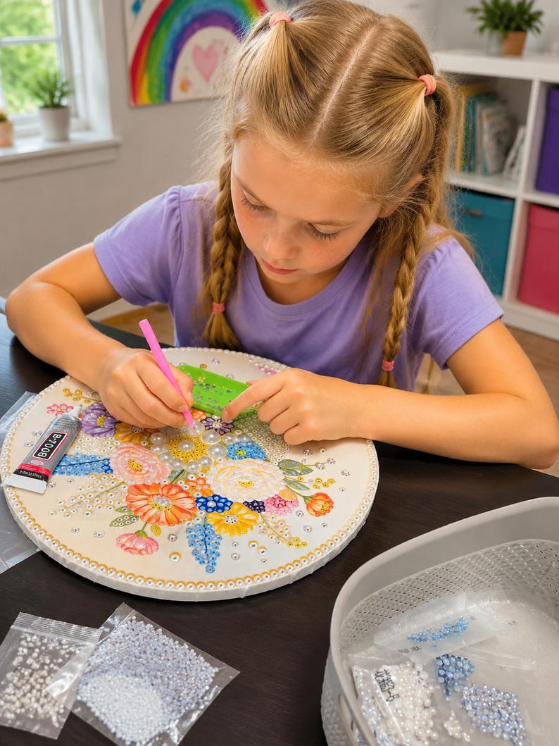 May include: A round diamond painting kit featuring a colorful floral design with various shades of pink, orange, blue, and yellow. The kit includes a pink applicator tool, a green tray, a tube of B-7000 adhesive, and multiple bags of small beads.