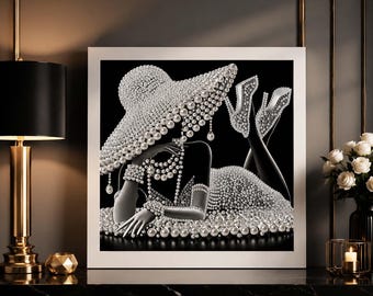 May include: A square framed wall art piece featuring a black and white illustration of a figure adorned in layers of white pearls. The figure wears a wide-brimmed hat, a necklace, bracelets, and high-heeled shoes, all intricately covered in pearls.